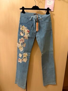 Light Blue Floral-Appliqué Flared Jeans made in Italy brand stress